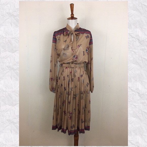 Vintage Dresses & Skirts - Vintage Butterfly Long Sleeve Pussy Bow Dress